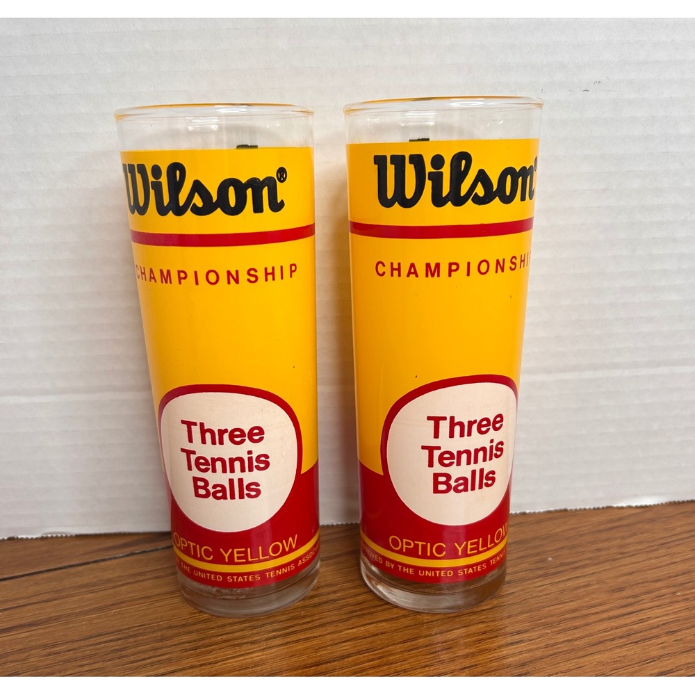 Vintage Wilson Championship Tennis Ball Canister Glass Tumblers Set of 2 Yellow